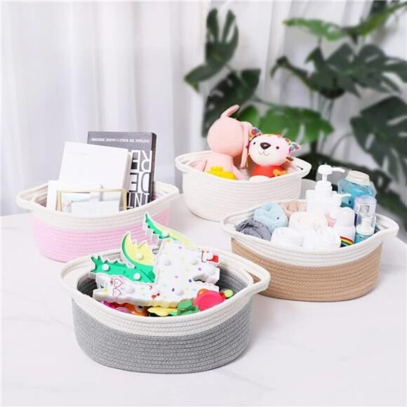 Small Woven Rope Storage Basket Cotton Organizer Bin for Nursery Baby Room - Picture 3 of 7